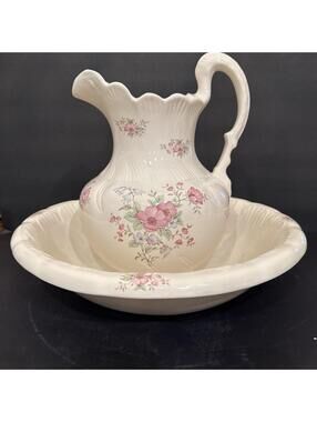 Vintage Ceramic Pitcher and Bowl Medium Sized Pink Floral Victorian Scalloped